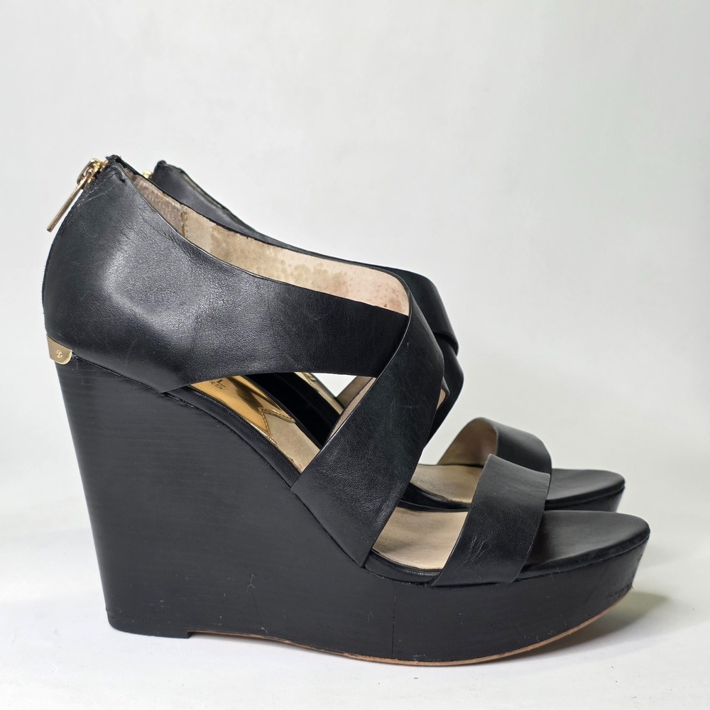 Michael Kors Elena Women's Sandals Size 10 M Black Leather Wedge Heels Zip Shoes